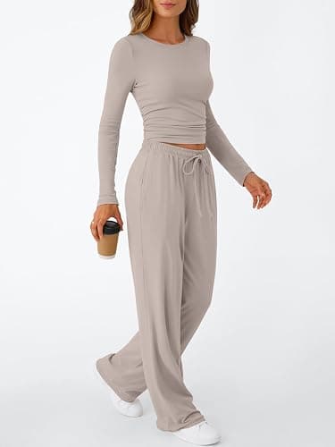 Trendy Queen Women's 2 Piece Matching Lounge Set Long Sleeve Slightly Crop Top Wide Leg Pants Casual Sweatsuit thumbnail 3