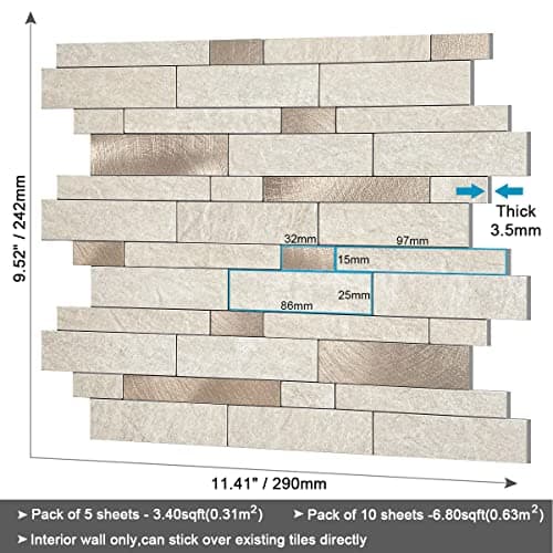 BeNice Backsplash Peel and Stick Wall Tiles for Kitchen,Subway Self Adhesive Linear Mosaic Stickers Bathroom Waterproof(10 Sheets,Rustic Beige Brown) thumbnail 6