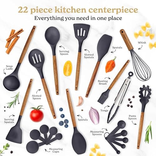 Silicone Kitchen Utensils Set & Holder for New Home & 1st Apartment Kitchen Essentials Set - Spatula, Cooking Spoons for Nonstick Cookware - 22 Piece Set - Gray thumbnail 2