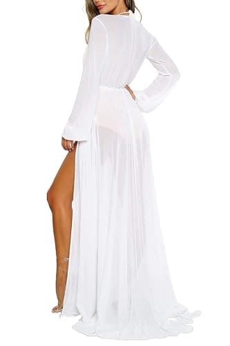 Pink Queen Women's Long Sleeve Flowy Maxi Swimsuit Tie Front Robe Cover Up - White - XX-Large thumbnail 2