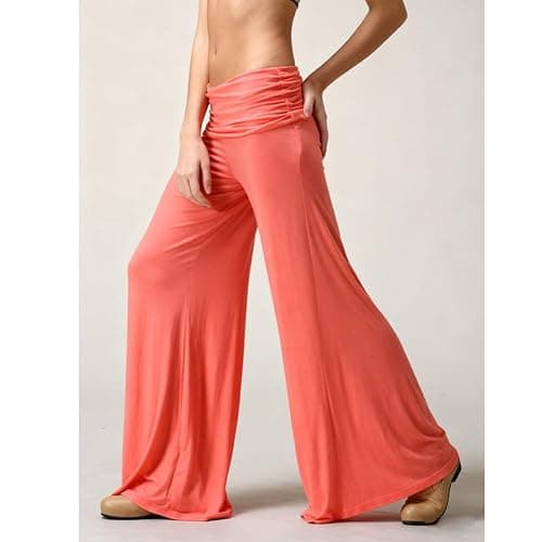 Coral Foldover Pants, Wide Leg High Fold Over Waist Palazzo Pant, Corals Pants Fold Over Yoga thumbnail 2