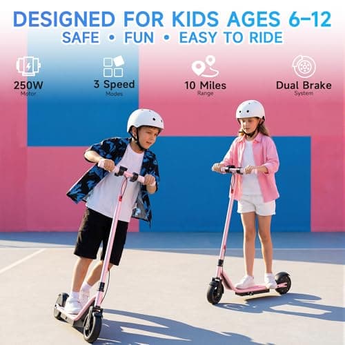 Electric Scooter for Kids Ages 6–14, Pink Electric Scooter, 250W Motor, Up to 10 Miles Range, 9 MPH, Lightweight Foldable Scooter for Girls thumbnail 2