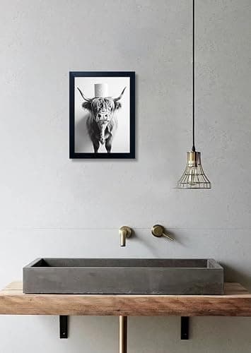 Framed Black and White Bathroom Wall Decor Highland Cow with Toilet Paper on Head Canvas Wall Art Toilet Decor Cow Pictures Wall Decor Animal Bathroom Sign Artworks for Home thumbnail 8