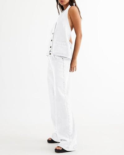 Fisoew Women's Two Piece Denim Set Button Down Backless Tank Top and Wide Leg Jeans 2 Piece Outfit Suits thumbnail 2