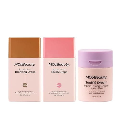 MCoBeauty - Super Face Bundle - Super Glow Bronzing Drops, Super Glow Blush Drops & Souffle Dream Moisturizing Cream - Vegan, Cruelty-Free Cosmetics - Pack of 3 - Christmas Gifts, Stocking Fillers - Image 1
