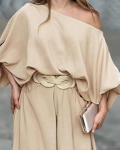 CHICME Women Summer 2 Piece Outfits Off Shoulder Top Flowy Wide Leg Pants Set Vacation Travel Airport Outfits thumbnail 2