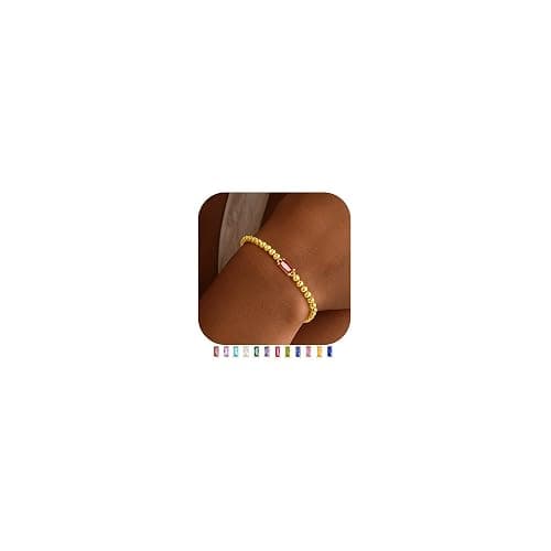 Yoosteel Dainty Birthstone Bracelet for Women - Elastic 14K-Gold-Plated Bead Bracelets Trendy Friendship Birthday Jewelry Gifts Christmas Stocking Stuffer for Women - Image 1
