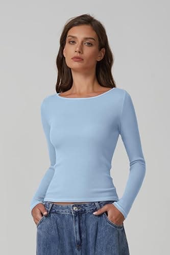 QINSEN Women's Long Sleeve T Shirts Crewneck Tight Fitted Rib Knit Y2k Casual Tee Tops thumbnail 4