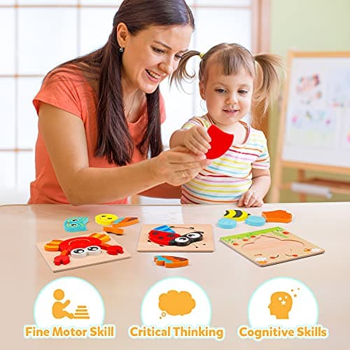 Coogam Wooden Jigsaw Puzzle Set, 6 Pack Animal Shape Color Montessori Toy, Fine Motor Skill Early Learning Preschool Game for 2 3 4 5 Years Old Kid Toddler thumbnail 5