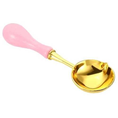 PATIKIL 4" Wax Seal Spoon, Wax Sealing Melting Spoon Brass Vintage Wooden Handle for Wax Seal Stamp Envelope Art Craft, Pink/Golden - Image 1