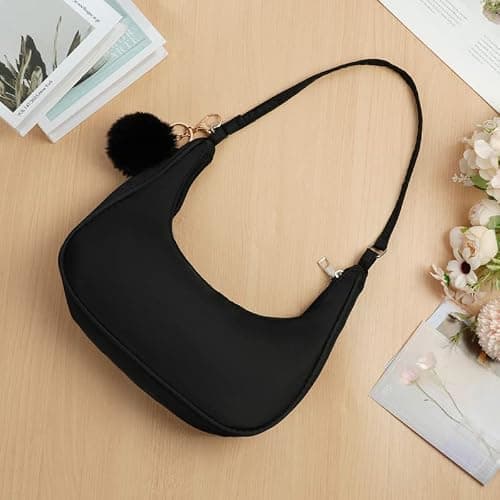 Aucuu Umhängetasche Damen Handtasche, Nylon Retro Achsel Tasche mit Pom-Pom-Schlüsselanhänger, Y2k Fashion Unterarmtasche mit Reißverschluss-Geschenk für Weihnachten und Geburtstag thumbnail 7