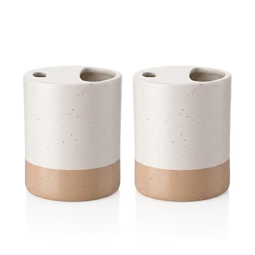 Hushee 2 Pack Color Block Ceramic Coffee Mugs with Sip Hole | 10 oz, Beige and White Espresso Cups, Half Lid, Boho Ceramic Mugs, for Iced Coffee, Home Office Daily Supplies - Image 1