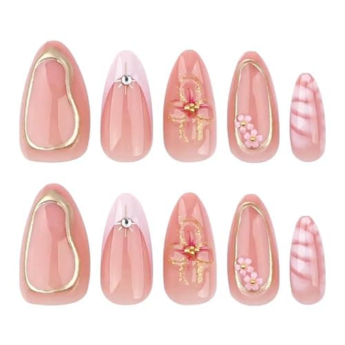 Press on Nails Medium Almond - Flower Fake Nails with Gold Line Design - French Tip False Nails Press ons - for Women 24 Pcs thumbnail 5