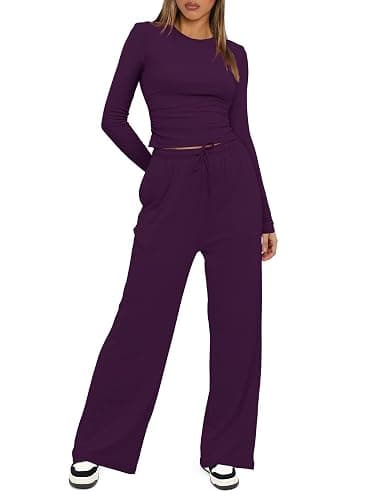 Darong Women's 2 Piece Lounge Sets 2025 Fall Travel Outfits Long Sleeve Wide Leg Pants Casual Matching Sets thumbnail 3