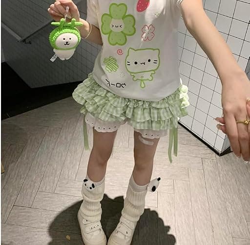 Womens Y2K Off Shoulder Kawaii T-Shirt Suit Hrajuku Plaid Ruffled Lace Pumpkin Short Pants Cute Cat Graphic Tops thumbnail 2