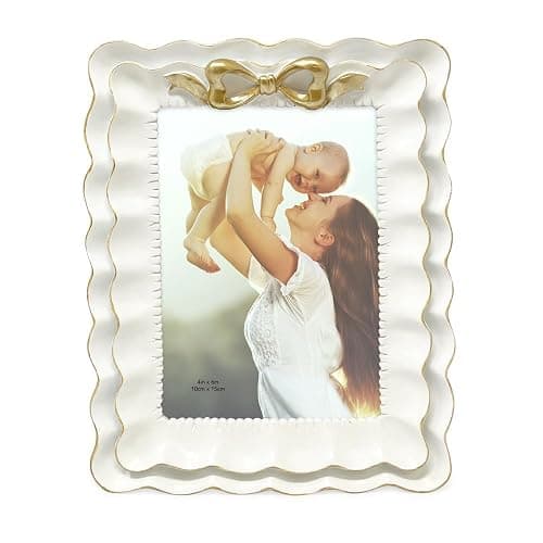 Isaac Jacobs 4x6 White With Gold Resin Picture Frame, Layered Double Ruffle Wave Design with Bow, Tabletop & Wall Display Photo Frame, Home Décor, Art, Photo Gallery (4x6, White With Gold) thumbnail 2
