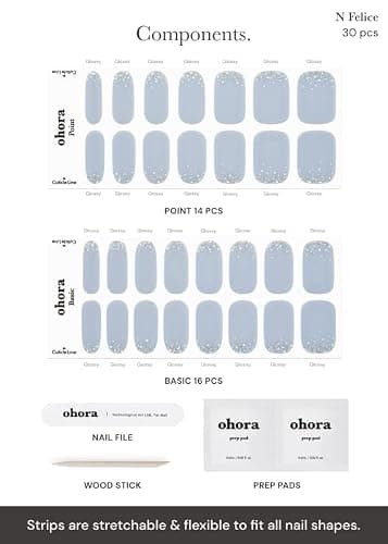 ohora Semi Cured Gel Nail Strips (N Felice) - Blue, Glitter, Works with Any UV/LED Lamps, Salon-Quality, Long Lasting, Easy to Apply & Remove - Includes 2 Prep Pads, Nail File & Wooden Stick thumbnail 5