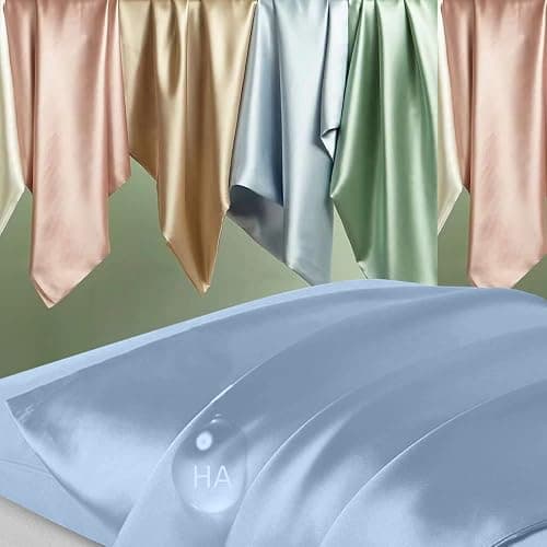 Silk Pillow Cases 2 Pack, Mulberry Silk Pillowcases Standard Set of 2, Health, Anti Acne,Beauty Sleep, Both Sides Natural Silk Satin Pillow Cases for Women 2 Pack with Zipper for Gift, Haze Blue thumbnail 2
