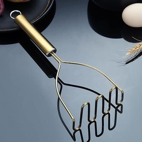 Gold Potato Masher, Stainless Steel Heavy Duty Metal Potato Ricer With Titanium Golden Plating, Food Masher Utensil, Hand Masher, Vegetables Fruits Mashe, Dishwasher Safe (9.6 Inch) thumbnail 3