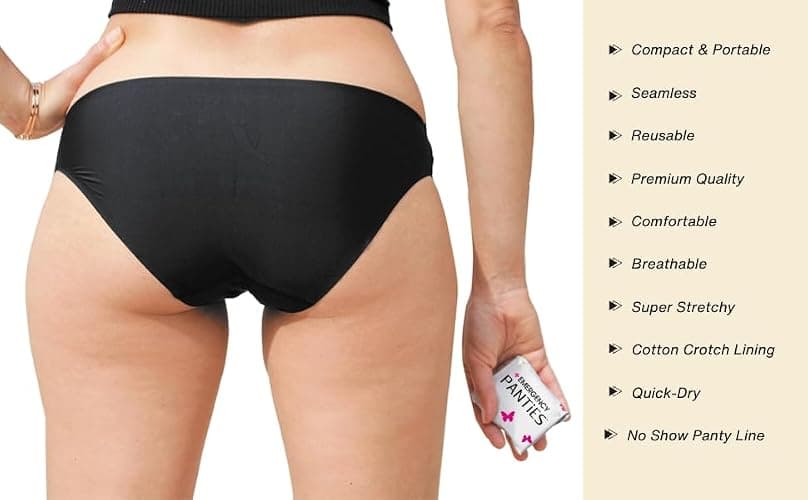 Emergency Panties 4in1 Kit Includes Seamless Bikini Underwear, Fresh Wipe & Liner Accidents Travel On-The-Go Hygiene Toiletry Kit Black Bikini thumbnail 3