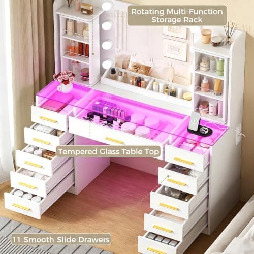 YUNSCEND Large Makeup Vanity Desk with Mirror and Lights, White Vanity Table with 360° Rotating Organizer, Glass Top, RGB Lights, Dressing Table with 11 Drawers, Power Outlet, for Bedroom, UXFST006W thumbnail 5