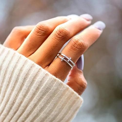 Double Cross Ring 18k Gold Plated 925 Sterling Silver Cubic Zirconia Simple Plain Stackable Statement Promise Rings Inspiration Christian Ring Faith Hope Love Cross Religious Ring Gift (Silver 9#) thumbnail 5