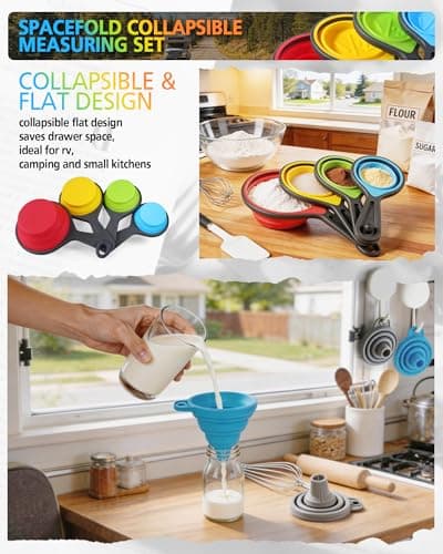 Measuring Cups and Spoons set, Collapsible Measuring Cups, 8 piece Measuring Tool Engraved Metric/US Markings for Liquid & Dry Measuring, Space Saving, BPA Free Silicone, Colorful thumbnail 8