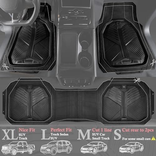 CAR PASS Heavy Duty Rubber Car Mats with Cargo Liner, Deep-Dish Car Floor Mats and Trunk Mat All Weather, Universal Trim-to-Fit for SUVs Trucks Sedans, Waterproof Anti-Slip, Trimmable V12 Black thumbnail 2