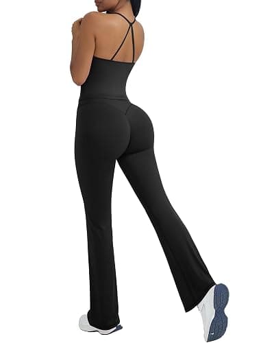OMKAGI 2 Piece Workout Sets for Women Padded Tank Tops Flare Leggings Pilates Outfits - Image 1