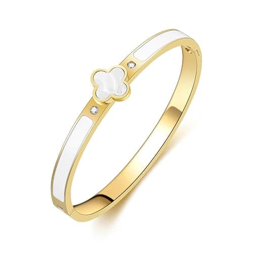 KYJAC 18k Gold Plated Stainless Steel Four Leaf Clover Bracelet for Women - Non-Tarnish, Precision Polished Chunky Oval Bangle in Black, White, Pink, Red Clover Bangle - Image 1