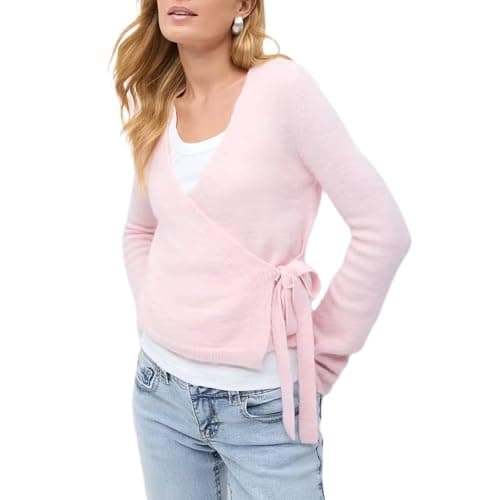 Mxiqqpltky Wrap Knit Tops for Women Y2k Lightweight Sweater Top Long Sleeve V Neck Side Tie Fitted Cropped Sweaters - Image 1