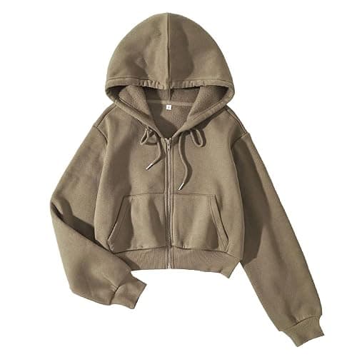 LOFAAC Women Fleece Full Zip Up Cropped Hoodie Sweatshirt 90s Long Sleeve Drawstring Hooded Crop Jacket Top with Pockets - Image 1