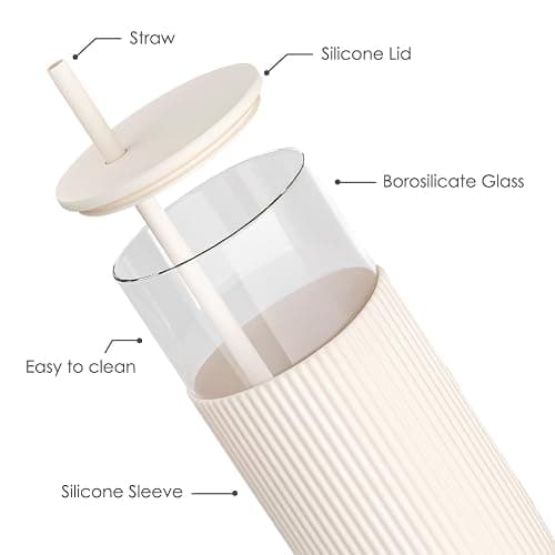 SANDJEST Glass Tumbler with Straw and Lid, Glass Water Bottle with Silicone Sleeve 20oz, Smoothie, Iced Coffee Cup, Gifts for Women Teen Girls Birthday Christmas (Cream) thumbnail 3