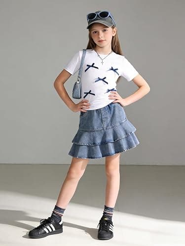Afsmlys Tween Girl Clothes Short Sleeve Bow Knot Top + Denim Mini Skirt Teen Girl Clothing, Size 8-13 Years thumbnail 2