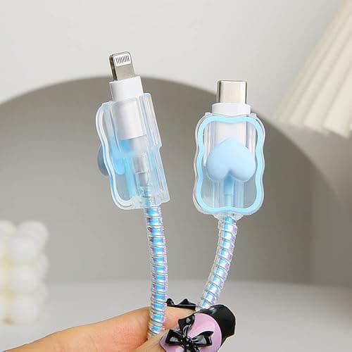 QLD COVER Compatible with iPhone 18W/20W USB-C Charger Cover Lovely 3D Love Heart Waves Clear Soft Charger Protector Cute Cable Saver for iPhone 11 12 13 14 Pro Max Fast Power Adapter, Blue 1 (5in1) thumbnail 8