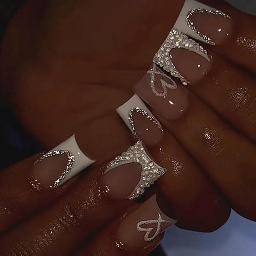 White French Tip Press on Nails Duck Feet Shaped Medium With Rhinestone Designs Nude Pink Stick on Valentine Heart False Glue on Nails for Women Manicure Art - style 3 thumbnail 2
