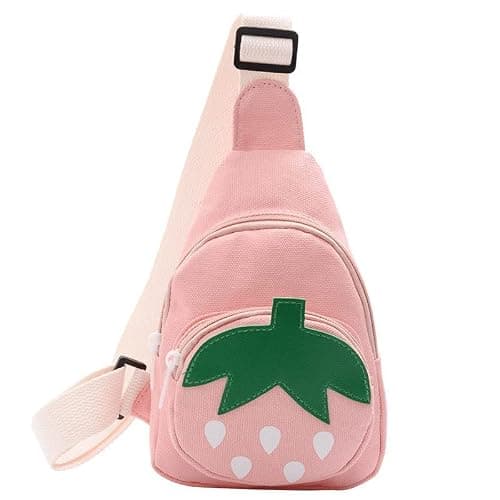 Hiflyer Pink Strawberry Sling Backpack, Small Backpack for Girls, Kawaii Bag, Lightweight Canvas, Adjustable Shoulder Strap, Zipper, 8x5x2 inches - Image 1