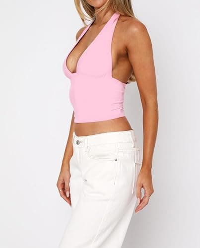 ForeFair Women Sexy Halter Deep V Neck Backless Crop Tank Top Open Back Sleeveless Slim Fit Y2k Summer Tops thumbnail 2