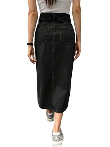 Womens Casual Slit Denim Midi Jean Skirt Stretch High Waist Frayed Button Up with Pockets thumbnail 2