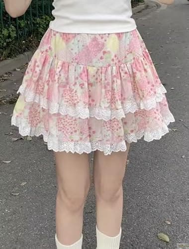 Women's Kawaii Skirts 2000s Vintage Y2k Clothing Pink A-line Slim Lolita Mini Skirts Sweet High Waist Lace Outfits thumbnail 4