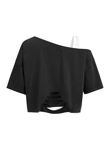 Remidoo Womens Off The Shoulder T Shirt Short Sleeve Crop Top Loose Tee Distressed Ripped Shirts thumbnail 4