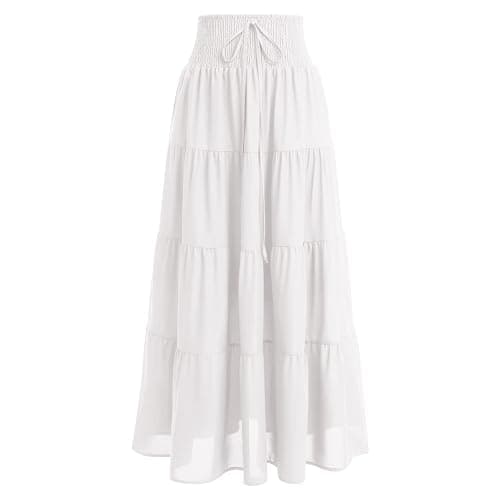 IWEMEK Women Boho Elastic Waist A Line Ruffle Beach Convertible Maxi Skirt Dress Tired Pleated Drawstring Chiffon Long Skirts - Image 1