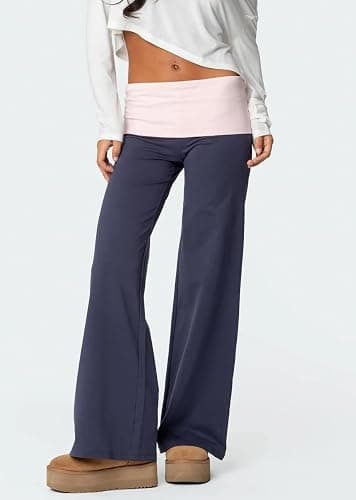 UAURORAO Fold Over Yoga Pants for Women Wide Leg Workout Sweatpants Y2k Striped Lounge Pants thumbnail 4