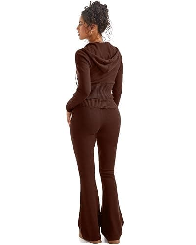 SUUKSESS Women 2 Piece Knit Sets Cropped Zip Up Hoodie Foldover Flare Leg Pants thumbnail 3