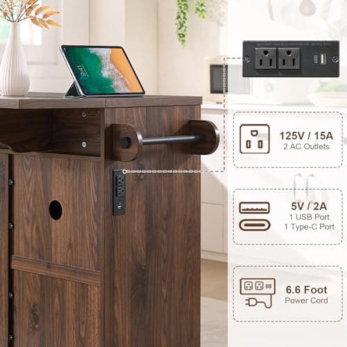 Okvnbjk 57" Rolling Kitchen Island with Storage & Drop Leaf, Walnut thumbnail 5