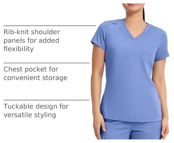 Med Couture Touch Women's Scrub Tops V-Neck Tuck-in Top with 1 Pocket | Slim Fit, Touch Performance Fabric, Stretchy Rib-Knit Shoulders, Bungee Loop, 2-Way Stretch, Lightweight, for Long Shifts thumbnail 3