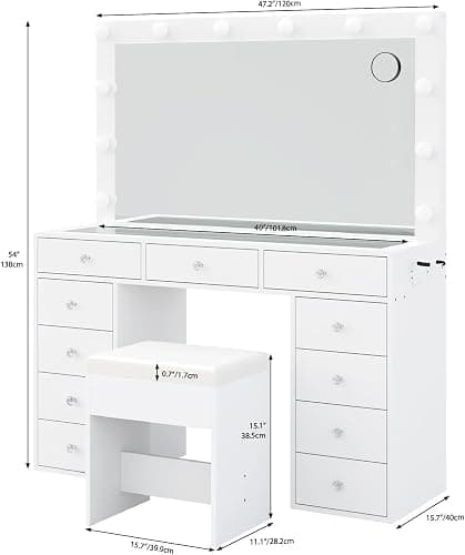 Yanosaku Vanity Desk & Power Outl, Makeup Vanity with Mirror and 12 LED Lights, Makeup Table with 11 Drawers, Vanity Table with Chair,Set 3 Lighting Modes Brightness Adjustable-(White) thumbnail 2