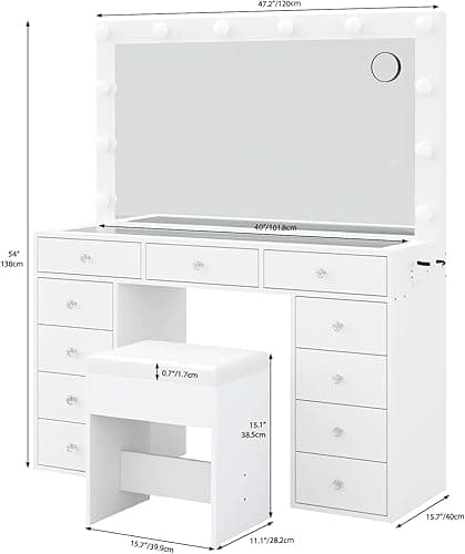 Yanosaku Vanity Desk & Power Outl, Makeup Vanity with Mirror and 12 LED Lights, Makeup Table with 11 Drawers, Vanity Table with Chair,Set 3 Lighting Modes Brightness Adjustable-(White) thumbnail 3