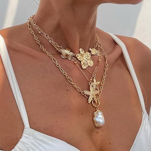 Gold Hibiscus Flower Statement Necklaces Chunky Big Flowers Floral Pearl Starfish Charms Layered Beach Beachy Vacation Choker Necklace Jewelry for Women thumbnail 4