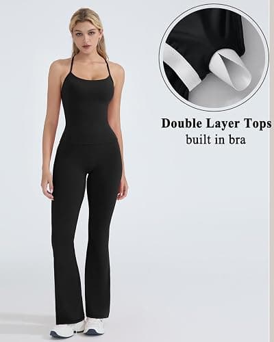 OMKAGI 2 Piece Workout Sets for Women Padded Tank Tops Flare Leggings Pilates Outfits thumbnail 3